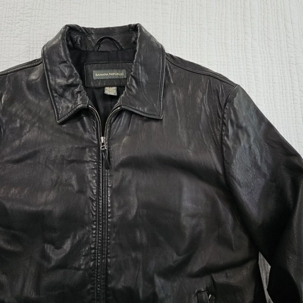 Banana Republic Full Zip Leather Jacket Men's XL‎ Jet Black Long Sleeves EUC LN